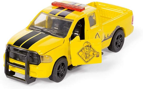 Siku 3505, 1500 1:50, RAM Pick-Up with Compressor Trailer, Metal/Plastic, Yellow/Orange, Incl. barriers and Toy Figure