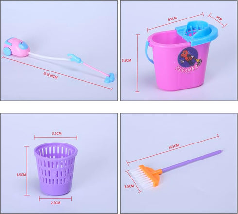 Set 7-11.5 inch E-TING Miniature Mop Dust Pan, Brush, Broom, Plastic Bucket Doll Housework Cleaning Supplies Tools