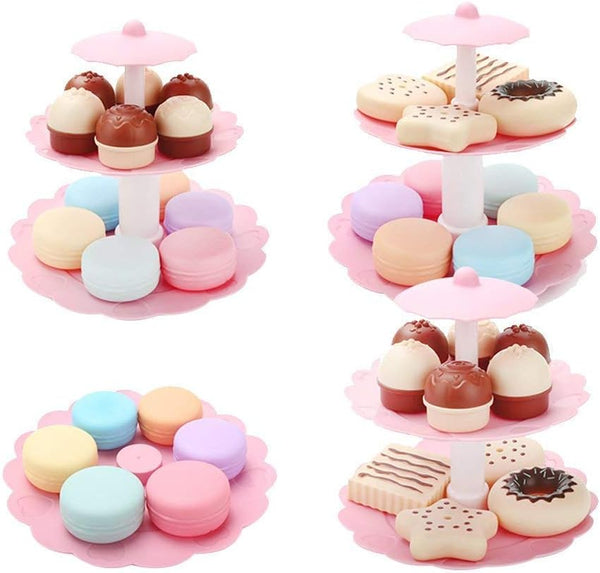 Food Pretend Play Toy Set, Sweet Treats 3-Tier Colorful Cookies Desserts Tower for Kids