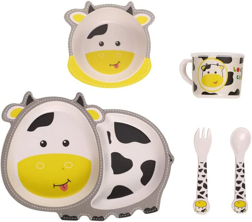 Kids Dinnerware Set, Bamboo 5 Pcs with Plate, Bowl, Cup, Fork, Spoon, Cow