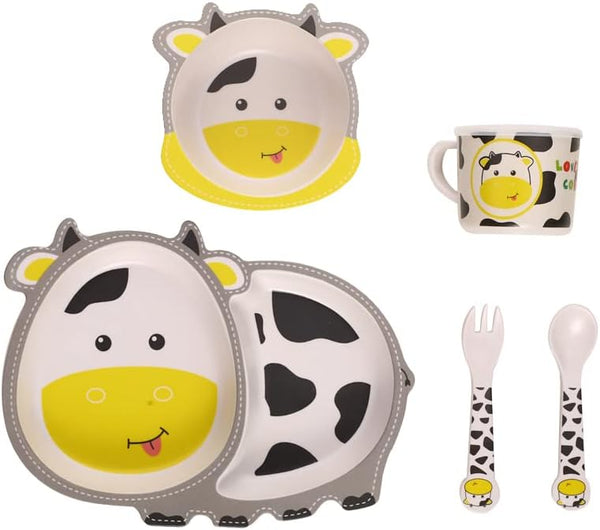 Kids Dinnerware Set, Bamboo 5 Pcs with Plate, Bowl, Cup, Fork, Spoon, Cow