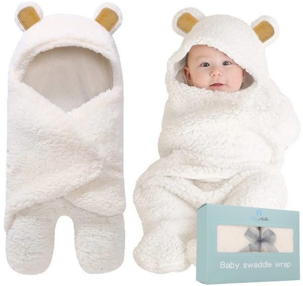 BlueMello Baby Bear Swaddle Blanket, Ultra-Soft Plush for Infants 0-6 Months, White Receiving Wrap