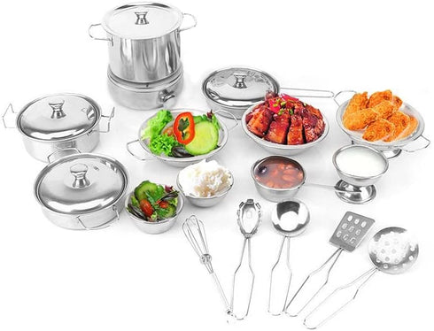 Kids Kitchen Pretend Play Toys - 21pcs Cooking Pots and Pans Set, Small Stainless Steel Cookware Playset for Girls, Boys