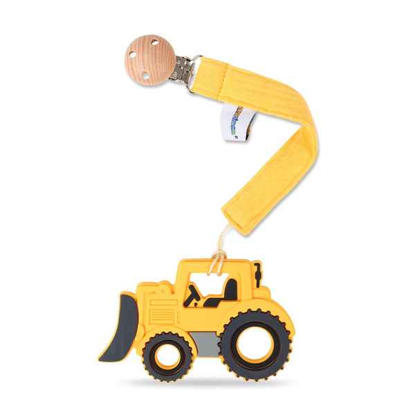 Baby Food Grade Silicone Car Teether Toy with Pacifier Clip Holder, Yellow Bulldozer, BPA Free, 3 Months+