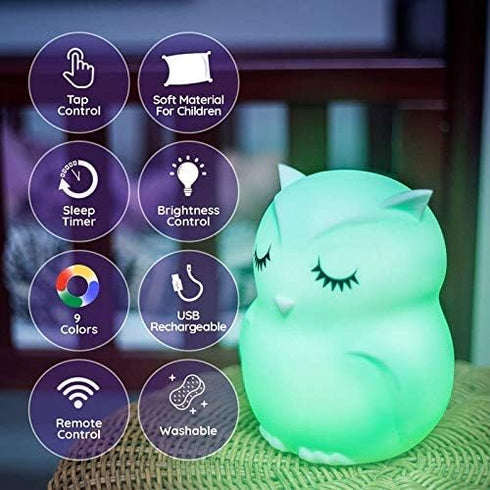 Lumipets Remote Control Silicone Night Light for Kids, Owl Design with 9 Soft Colors & Sleep Timer