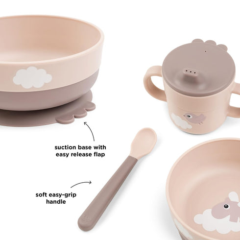Set 2-Handle Set Done by Deer Foodie First Meal with Suction Base Bowl, Spout Cup & Spoon Happy Clouds Design in Powder