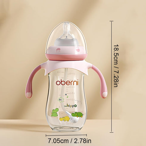 12+ Pink/2Pack/9oz Oberni Baby Bottles, Weighted Straw Toddler Milk Bottles with Non-Slip Handle, Size + Variable Fast
