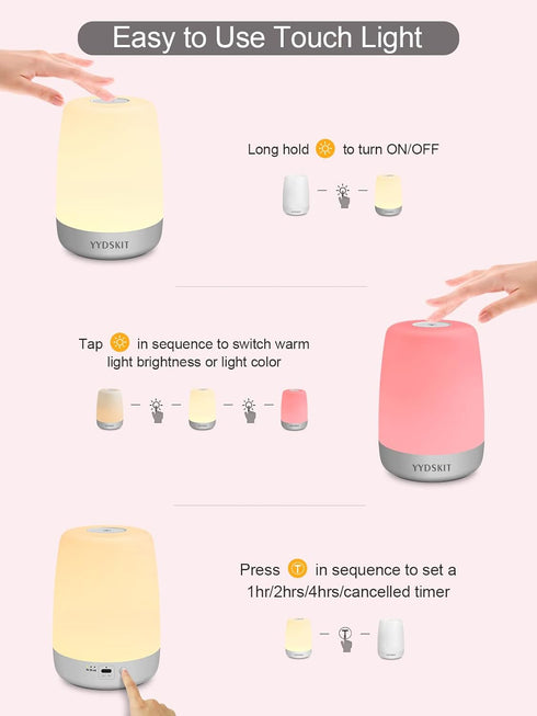 3 200H Night Light for Kids & Nursery - Rechargeable Touch Lamp, Portable Nursing Lamp with Soft & Warm Light