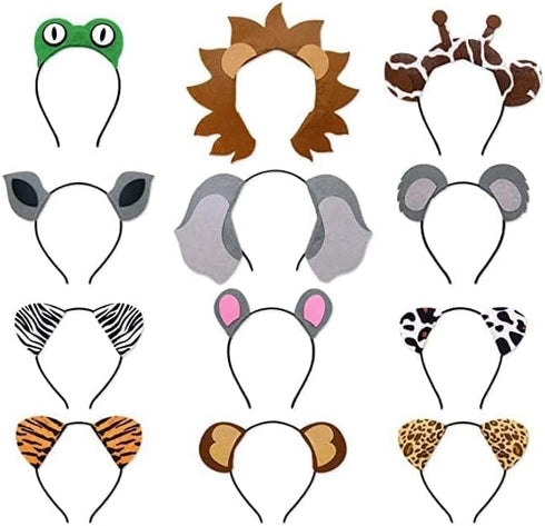 12pcs Jungle Animal Safari Headbands with Animal Hair Hoops, Photo Booth Props, Party Favors for Kids