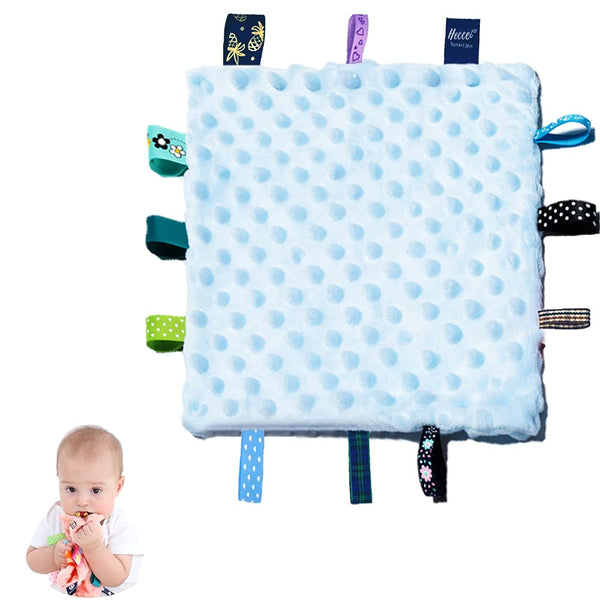 HECCEI Baby Tags Security Blankets, Soothing Plush Blanket with Colorful Tags, Square Sensory Toys, 10 x 10 inches for