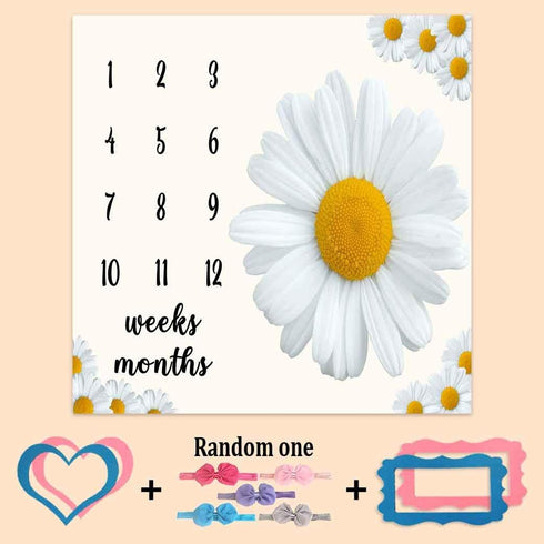 Baby Monthly Milestone Blanket, Daisy Big White Blanket for Nursery, Unisex for Newborn 1-12 Months, includes 4 Frame and 1 Headband 47"x47" BTLSPH383 by PHMOJEN