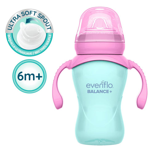 6+ 9oz, 2 Pack Evenflo Balance+ Trainer Cups for Babies Months, Purple and Mint, Ergonomic Design with Handles