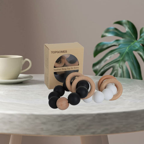 Silicone Baby Teether | Food Grade Silicone & Beech Baby Teething Toy | BPA Free (Black)