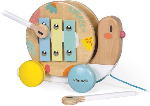 Janod Pure Pull Along Snail, Wooden 2-in-1 Musical Toy for Ages 1+