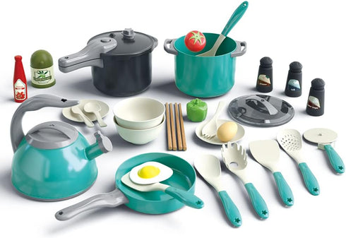 Bruvoalon 32Pcs Kids Play Kitchen Toys Set - Toddlers Pretend Cooking Playset with Pots, Pans, Utensils, Foods