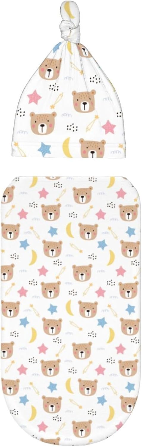 JGUcxnv Bear Newborn Swaddle Blanket Set with Beanie Hat, Soft Stretchy Baby Swaddle
