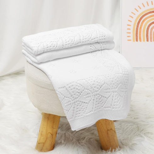 LAWKUL Cellular Blanket, 100% Cotton Knitted Soft Knit Crochet for Newborn Boy Girls, White, 100x80cm