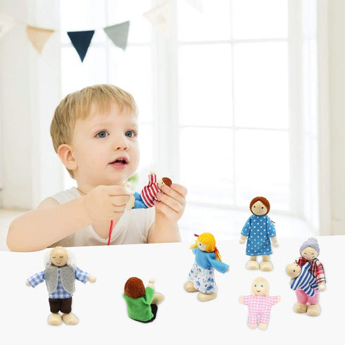 Lovely Family Dollhouse Dolls Set of 8 Wooden Figures, Kids Girls Happy Playset Characters Accessories for Children