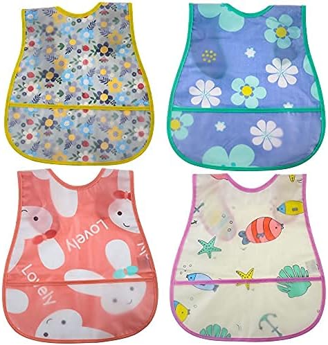 Waterproof Baby Bib Infant with Snaps - Fits Baby & Toddler 6-24 Months, 4pcs (Floral Bunny Fish)