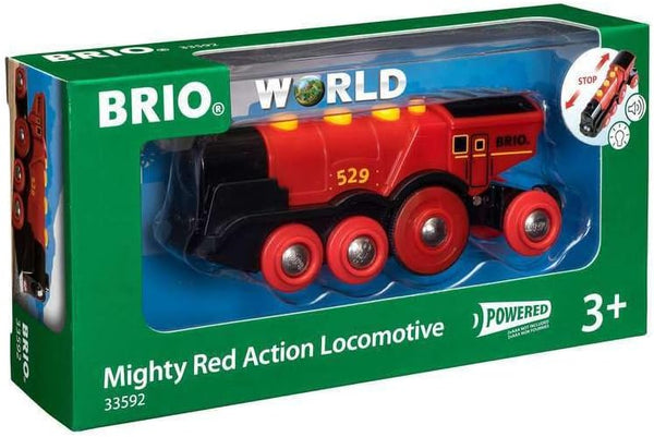 BRIO World 33592 Mighty Red Action Locomotive, Battery Operated Toy Train with Light and Sound Effects