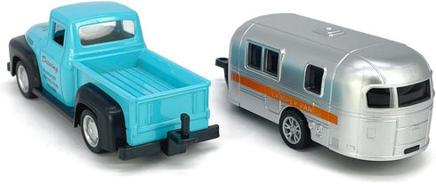 3 4 5 6 7 Vintage Blue Pickup Truck Trailer Towing Toy Camper RV Motorhome Toys for Boys Diecast Model Car Metal Pull