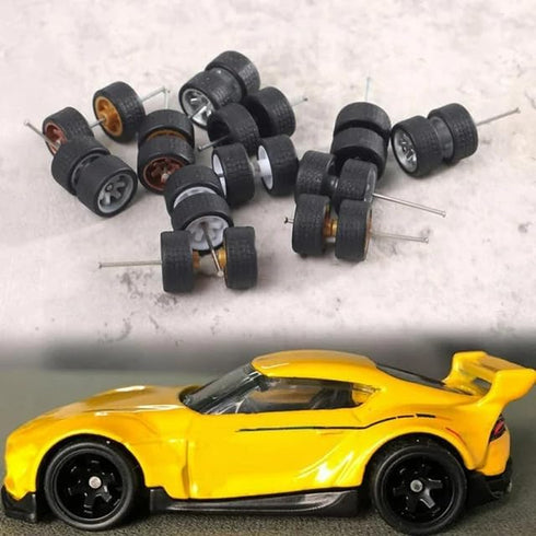 1 Pair Alloy Wheels Rims Tires Set 1:64 Scale, Rubber Tires for Model Alloy and Accessories, Wheels and Tires