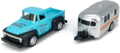 3 4 5 6 7 Vintage Blue Pickup Truck Trailer Towing Toy Camper RV Motorhome Toys for Boys Diecast Model Car Metal Pull