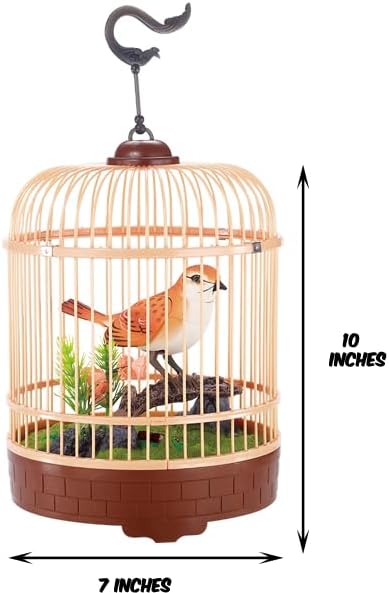 PowerTRC Singing & Chirping Bird in Cage, Realistic Sounds & Movements, Sound Activated, Battery Operated, Great Desk and Room Accessory, Pet Caged Bird Toy (10” x 7”)