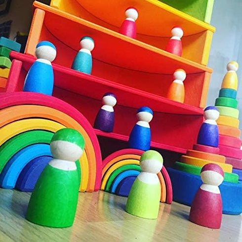 Rainbow '7 Friends' Set of Wooden Sorting & Matching Peg Dolls with Round Tray