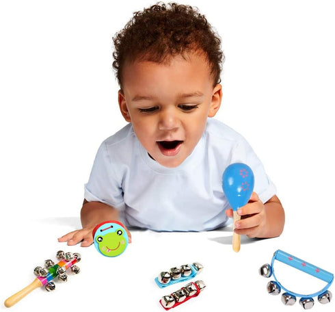 Kids Musical Instruments Set, 12pcs Wooden Percussion Toys, Tambourine & Xylophone for Early Learning (Blue)