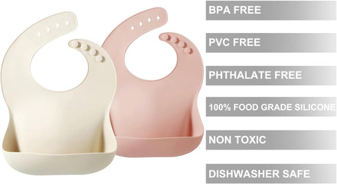 PandaEar 2 Pack Silicone Baby Bibs for Girls, Waterproof with Food Catcher, Thick Adjustable Toddler Bibs (Pink Tawny)