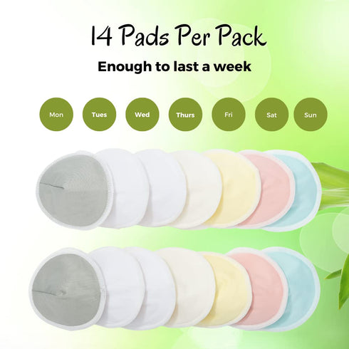 Bamboo Viscose Nursing Pads - 14 Washable Pads with Wash and Storage Bags for Breastfeeding (Pastel Touch, Medium 3.9")