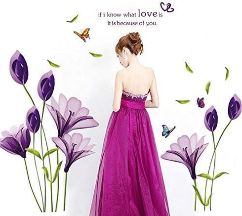 Removable Purple Lovely Lily Flowers Wall Stickers - DIY Flower Vines Art Quotes and Butterfly Decal for Home