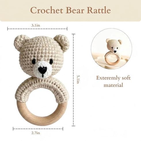 Generic Set 0-12 Organic Crochet Bear Baby Rattle Toy - Handmade Newborn Gift with Teether & Pacifier Holder - BPA-Free