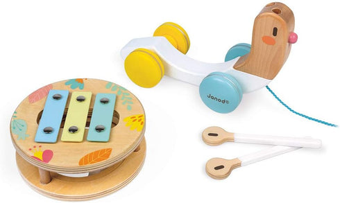 Janod Pure Pull Along Snail, Wooden 2-in-1 Musical Toy for Ages 1+