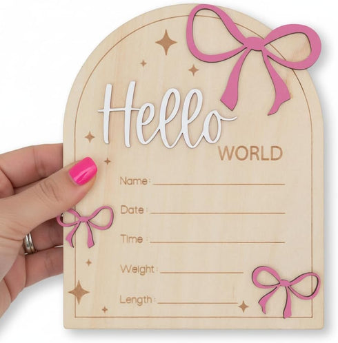 Hello World Baby Birth Stats Sign Wooden Keepsake with Pink Bow, Newborn Photo Prop, Nursery Decor, Baby Shower (Pink)