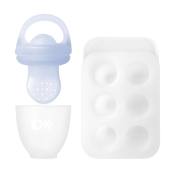 Olababy Silicone Fresh Fruit Feeder & Popsicle Set for Solid Food Introduction, BPA Free Freezer Tray Combo (Blueberry)
