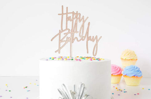 Happy Birthday Acrylic Cake Topper in Mirror Rose Gold for Birthday Party Decorations