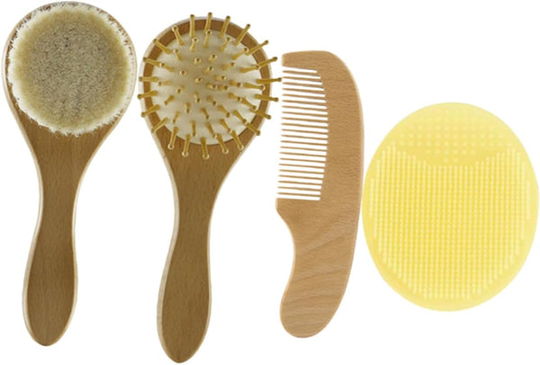 HANABASS Newborn Baby Hair Brush Set Wool Brush Wooden Comb Silicone Scrubber