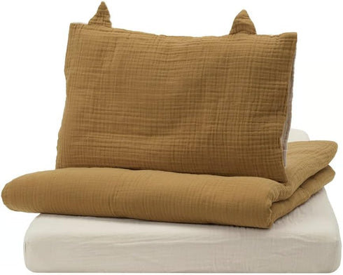 Generic 3-Piece Crib Bedlinen Set Organic Cotton Muslin Dark Yellow/Beige Includes Duvet Cover,