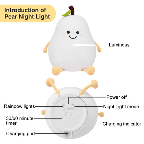 DiQiRenQin 2 30/60 LED Cute Pear Night Light, Rechargeable Silicone Fruit Night Lamp, Kawaii Bedside Lamp, Modes (Warm