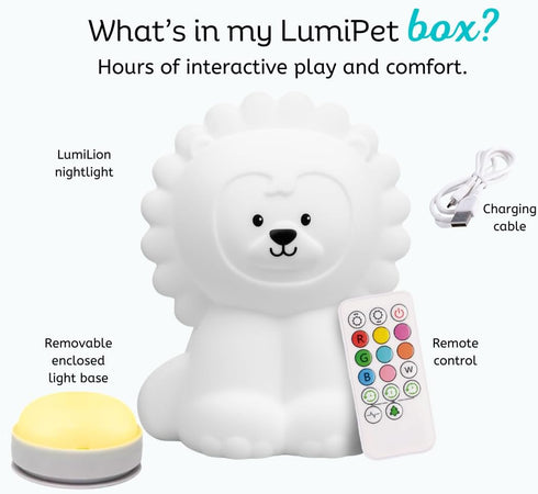 9 Lumipets Remote Control Silicone Night Light for Kids - Lion Design with Soft Colors & Sleep Timer - Rechargeable
