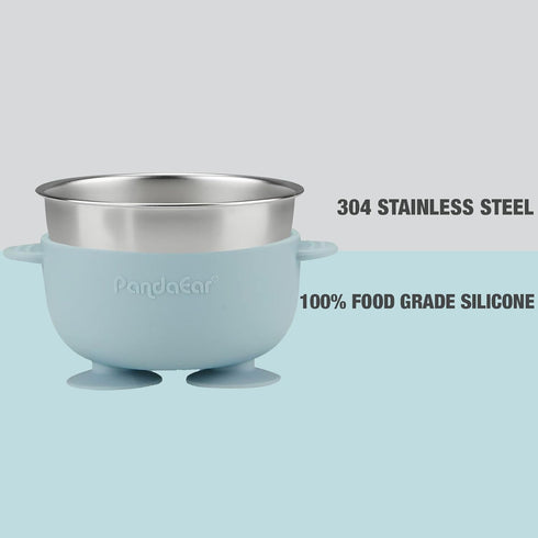 6-in-1 Set PandaEar Stainless Steel Baby Feeding | Divided Suction Plate, Bowl, Sippy Cup with Straw, Bib, Spoon & Fork