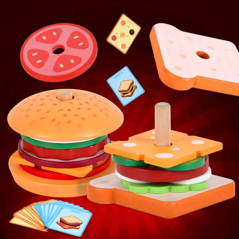 Wooden Burger Sandwich Stacking Toys - Montessori Educational Play Food for Toddlers, Christmas Birthday Gift for Kids