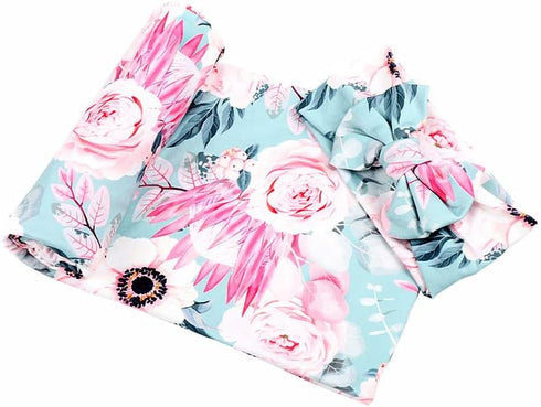 Galabloomer Newborn Receiving Blanket & Headband Set, Baby Flower Swaddle