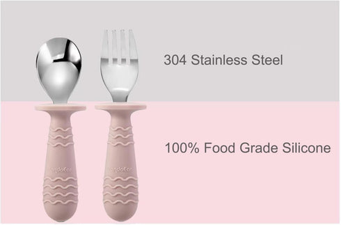 PandaEar 4 Set Baby Toddler Silicone Stainless Steel Utensils, BPA Free with Anti-Choke Design (Pink & Grey)