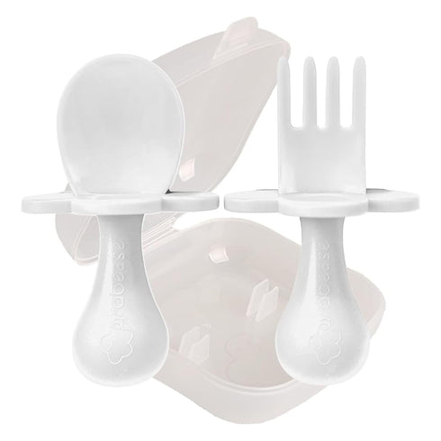 Grabease Toddler Utensils Set - White Toddler Spoons and Forks, Baby Silverware for Self-Feeding, BPA-Free
