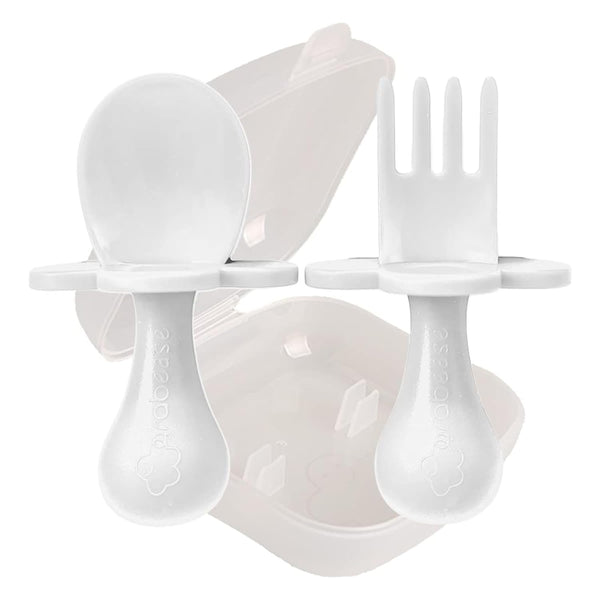 Grabease Toddler Utensils Set - White Toddler Spoons and Forks, Baby Silverware for Self-Feeding, BPA-Free