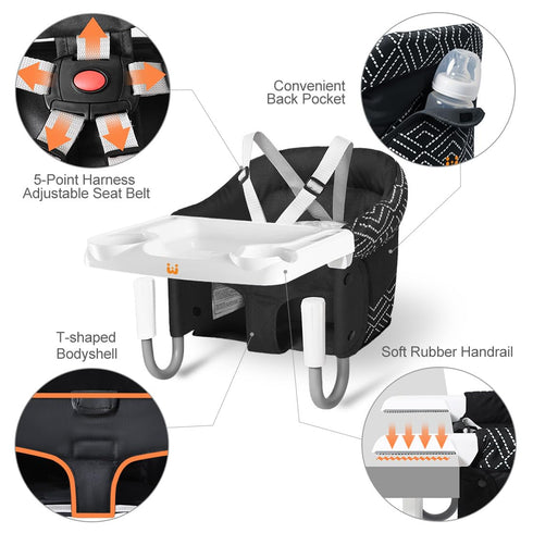 MTWML Counter(Stripe-Black) Hook On High Chair with Tray,Portable Baby High Chair that Attaches to Table,Clip On Fast