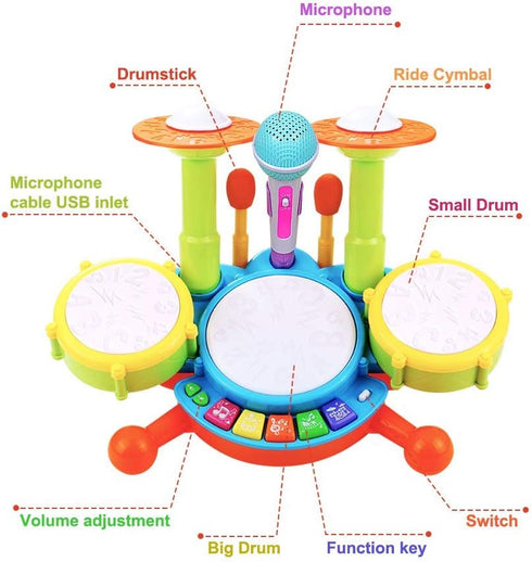 Set 1-3, 2 6 12 18 POKONBOY Kids Drum for Toddler Musical Instruments Learning Toys with Drum Sticks Adjustable